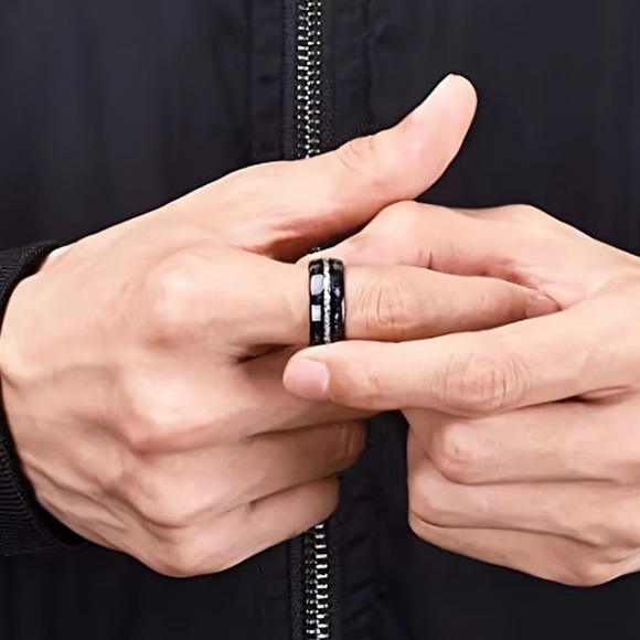 Black Gunmetal Plated Stainless Steel Ring Galaxy Sky Stars Inlay Silver Accent - Picture 8 of 16